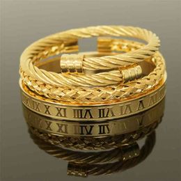 Borasi 3pcs/set Luxury 316L Stainless Steel Wristband Braiding Bangles Opening Cuff Bracelets For Men amazing price 210918