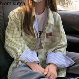 Nomikuma Plaid Blouse Women Fake Two Piece Patchwork Turn Down Collar Long Sleeve Shirts Casual Loose Tops Blusas Mujer 210514