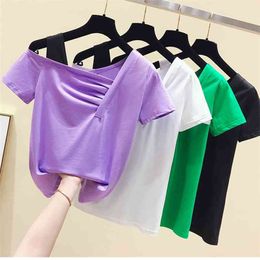 WWENN Short Sleeve Summer T-shirts Women Casual Off Shoulder Folds Tees Tops Female Basic Black Purple Solid Tshirts Ladies 210507