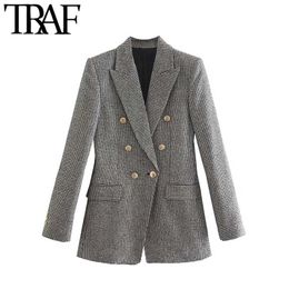 TRAF Women Fashion Houndstooth Fitted Blazer Coat Vintage Long Sleeve Flap Pockets Female Outerwear Chic Veste Femme 211019