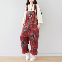 Johnature Loose Retro Plus Size Full Length Wide Leg Pants Autumn Winter Fashion Floral Print Pockets Women Jumpsuits 210521