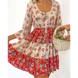 Jastie Bohemian Floral Printed Women Dress Lace O-Neck Flare Sleeve Spring Summer Mini Dresses Casual Beach Female Vestidos 210419