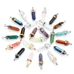 Silver Gold Metal natural stone pillar Pendulum charms chakra Hexagonal Prism healing Crystal Reiki Point pendants for Necklace jewelry making