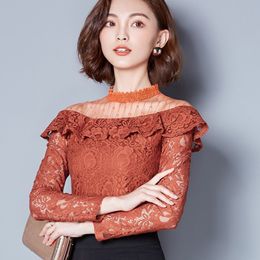 Autumn Women Chiffon Shirts Long Sleeved Lace Sexy Hollow Blouse Collar Ladies Casual High Neck Clothing 92B 30 210415