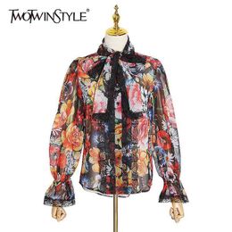 Hit Colour Print Blouse For Women Bow Collar Long Sleeve Casual Spring Female Fashion Clothing 210524