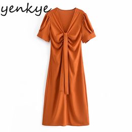 Fashion Women Vintage Solid Colour Elegant Long Dress Female Draped V Neck Short Sleeve A-line Casual Summer 210430