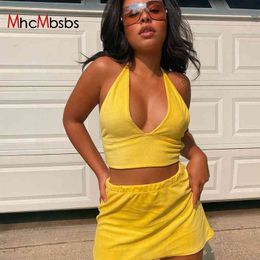 2 Piece Set Women Sexy Halter V Neck Corset Tops Lace Up Bandage Backless Short Mini Skirts Suits Harajuku Yellow Summer Outfis 210517