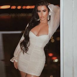 Women Sexy Designer Lace Mesh Long Sleeve White Bandage Dress Winter Ladies Celebrity Bodycon Party Vestido 210527