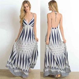 Sexy Deep V Neck Print Backless Maxi Dress Ladies Summer Casual Sleeveless Lace Up Boho Vintage Long Dresses For Women Robe 210522