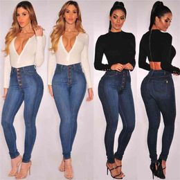 Women Jeans Stretch High Waist Denim Skinny Slim Fit Trousers Fashion Casual Daily Button Up Street Pencil Bottoms 210522