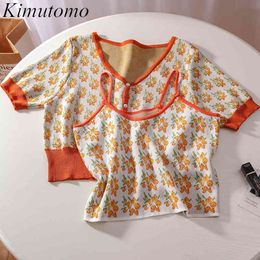 Kimutomo Floral Print Two Piece Sets Women V-neck Short Sleeve Single Breasted Cardigans Thin + High Waist Sling Suits Female 210521