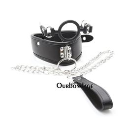 Ourbondage PU Leather BDSM Collar Sex Slave Necklace with Silicone Ring Gag and Leash For Women Fetish Adjustable Sex Toys Y0406