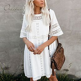 Summer Women Mini Sleeve Cotton White Lace Short Beach Dress Holiday Clothes 210415