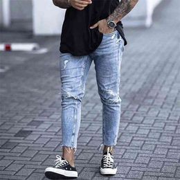 Casual Skinny Jeans Ankle Length Ripped Denim Pant Zipper Fly Men Clothing Cut Bottom Pencil Light Blue Cowboys Streetwear 210716