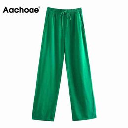 Aachoae Women Wide Leg Pants Green Casual Long Trousers Fashion Vintage High Street Lady Pantalon 211124