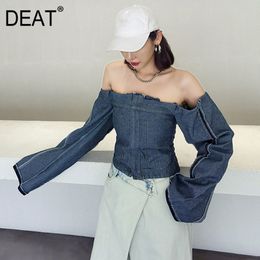 Loose Fit Blue Sexy Short Burr Jacket Off Shoulder Long Sleeve Women Denim Coat Fashion Tide Spring Summer GX140 210421