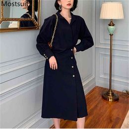 Autumn Korean Fashion Stylish Long Dress Women Sleeve Turn-down Collar Buttons Shirt Dresses Office Ladies Vestidos 210513