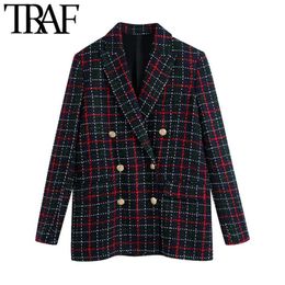TRAF Women Fashion With Metal Button T Cheque Blazer Coat Vintage Long Sleeve Pockets Female Outerwear Chic Veste X0721