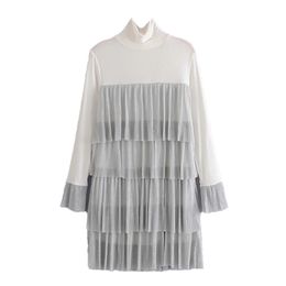 Women Fashion Splicing Net Yarn Laminated Dress Female High Collar Lined Long-Sleeved Dresses 210531