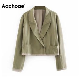 Aachoae Fashion Army Green Color Short Blazer Women Patchwork Long Sleeve Work Wear Blazers Lady Pocket Single Button Coat 210413