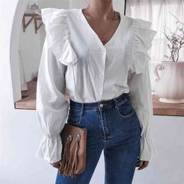 Autumn White vintage shirt Blouses for women blouse with V bell-sleeve ruffles casual white tops Women's clothing 210508