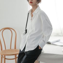 OL Elegant Business Basci Satin Shirt Autumn Lapel Long-sleeved Loose Solid Women Blouses Plus Size Career Tops 210421