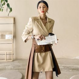 Korean Office Ladies Elegant Fashion Suit Women Autumn Notched Collar Blazer Dress + PU Pleated Mini 2 Piece Set 210519