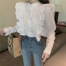 Qooth Femme Blouses Tops Fashion Spring White Shirts Long Sleeve O-neck Blouse Ruffle Woman Loose Tops QT466 210518