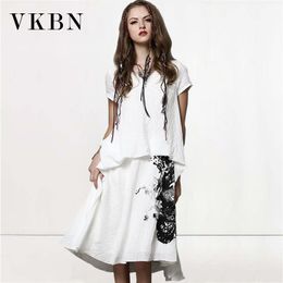 VKBN Summer Dress Printing Cotton Linen V-Neck Short Sleeve Loose Pullover White Party Evening Maxi Dresses for Women 210507