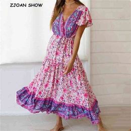 BOHO Open Button V neck Floral print Bohemia Dress Pink Summer Ethnic Woman Short Sleeve Tie Bow Strappy Maxi Long Dresses 210429