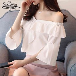 spring fashion slash neck long sleeved blouses solid shirts women tops flare sleeve sexy style clothing D561 30 210521