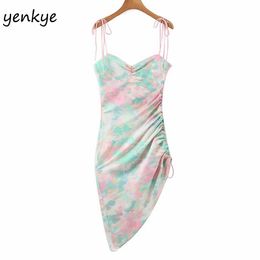 Tie-dye Print Sling Sexy Dress Romantic Women Backless Sleeveless Side Drawstring Asymmetric Dress Satin Chiffon Summer Dress 210515