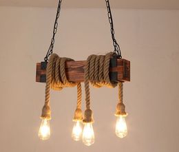 Adjustable retro industrial wood pendant lamp dining room lighting fixture cafe bar hemp rope E27 hanging