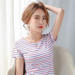 Women T-shirt Short Sleeve Spring Autumn Pullover Tops Striped Base Tees Elastic Casual Cotton T-Shirts Plus Size S-5XL 210423