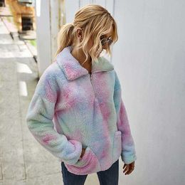 Warm Plush Women Sweatshirt Hoodie Fashion Tie Dye Long Sleeve Turn Down Neck Winter Hooded Pullovers W632 210526