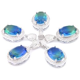 Mix 5 Pieces Pendants Luckyshine Shine Oval Cut Blue Green Bi-Colored Tourmaline Gemstone 925 Silver Pendant Necklaces
