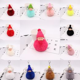 Kimter Fluffy Sleeping Baby Doll Keychain 8cm Rabbit Fur Ball Keyrings Jewellery Soft Pompom Keyfobs for Women Bag Pendant Free DHL P28FA