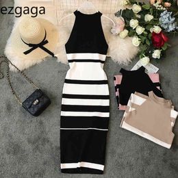 Ezgaga Striped Stretch Dress Women Fashion Vintage Bodycon Dresses Sleeveless Knitted Elegant Summer Robe Vestido 210430