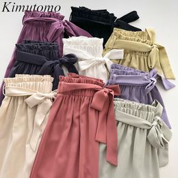 Kimutomo All-matching Pants Female Spring Korean Chic Ladies Solid Bow Lace Up Elastic High Waist Casual Wide Leg Pants 210521