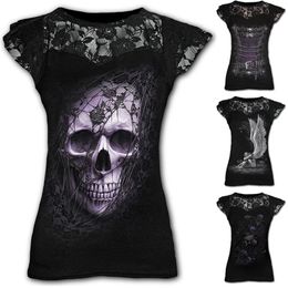 Shirt Women Summer Fashion Gothic Style Short Sleeve Round Neck Skull Lace Tops Plus Size Multi-colored Female Shirts Pullovers 210720