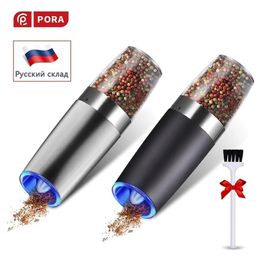 Stainless Steel Gravity Salt and Pepper Shaker Spice Grinder Set Kitchen Electric Mill 220311