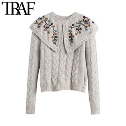 TRAF Women Fashion Embroidered Cropped Knitted Sweater Vintage Peter Pan Collar Long Sleeve Female Pullovers Chic Tops 210415