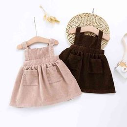 Spring Fashion Lovely Girl Dress Solid Corduroy Suspenders Baby Clothes Infant Clothing With Pocket Toddler Dresses 210413