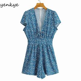 Vintage Floral Print Jumpsuit Women Sexy V Neck Short Sleeve Holiday Beach Summer Romper Mono Mujer 210430