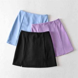 Summer mini skirt sexy a line skirt high waisted skirt office ladies split skirts back zipper skirts blue purple black 210412