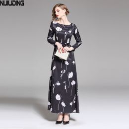 Spring Black VintageO Collar Dress Waist Slimming Long Printed Big Swing Feet Naked Fashion Wild 210514