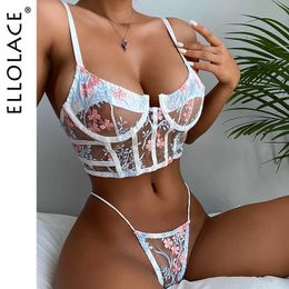 Ellolace Sensual Lingerie Woman Transparent Exotic Sets Floral Lace Sexy Underwear Bra and Thongs White Erotic Outfit Sex Suit Y0911