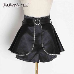 Sexy Patchwork Diamond Shorts Female High Waist With Sashes Tunic Split Short Women Spring Clothing Fahion 210521