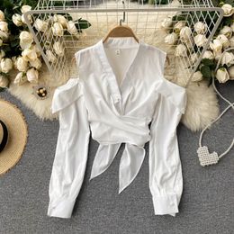 SINGREINY Chic Off Shoulder Tops Women Korean V Neck Long Sleeve Button Lace Up Blouse Autumn Elegant Fashion Slim Short Blouses 210419