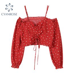 Red Retro Blouses Tops Drawstring Lace-up Slim Strap Shirts Slash Neck Long Sleeve Summer Beach Sexy Shirts Elastic Blusas Tops 210417